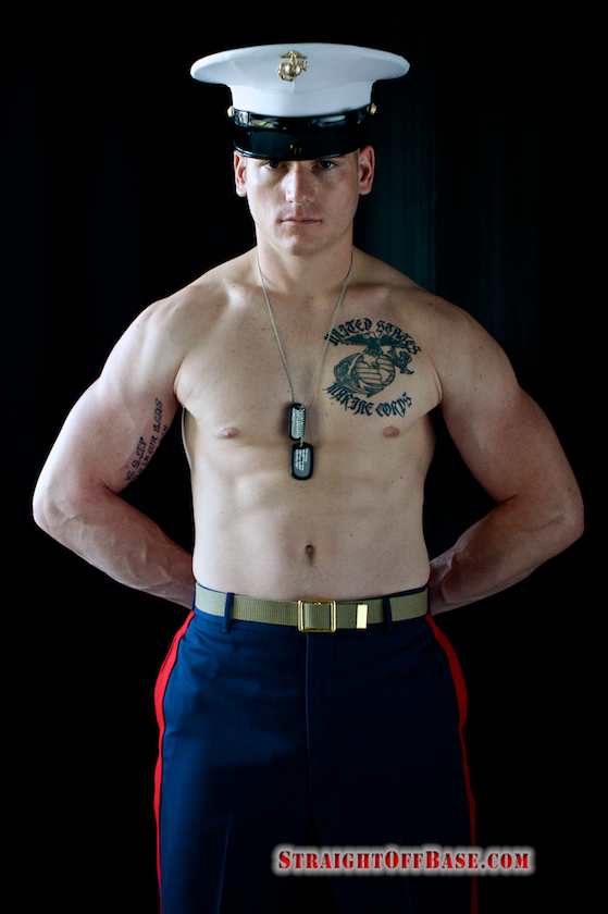 Straight off base, a very handsome Marine SGT Dorian drops by the Major�s place in his Dress Blues uniform for a final inspection by the Major before heading out to a special event. SGT Dorian pulls out his thick, well-oiled weapon and pops a nice cum shot all over his dog tags and ripped chest. and such