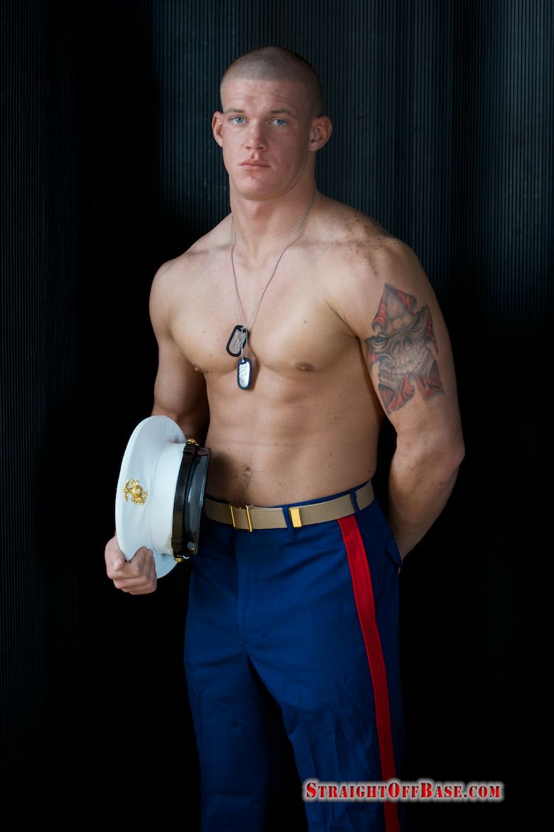 Straight off base, ripped and tatted Marine Corporal Tanner visits the Major�s penthouse for a uniform and weapon inspection before reporting for duty. Corporal Tanner relieves himself of his uniform and presents the Major his huge .50 calibre weapon and unloads thick rounds of his cum-munition.